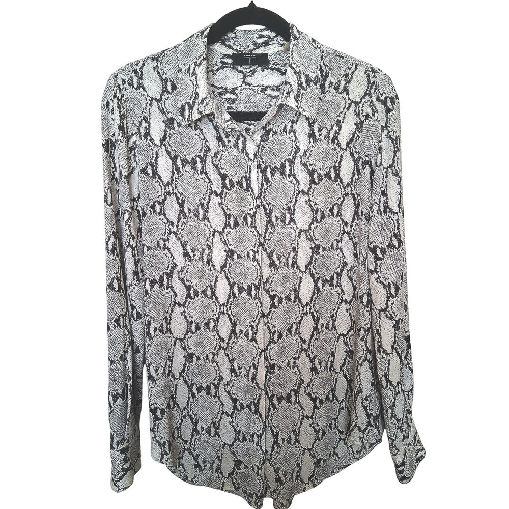 Tahari Black Cream Snakeskin Print Button Front Blouse Women's Small